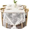 60x120 Inch Gorgeous White Lace Tablecloth Overlay Rose Vintage Embroidered, Romantic Boho Wedding Reception Table Decor, Baby & Bridal Shower Décor, Elegant Chic Outdoor Tea Party Tablecover