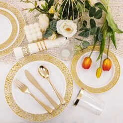 160pcs Gold Plastic Plates, Gold Silverware With Gold Napkins, Includes: 40Forks, 20Spoons, 20Knives, 20 Dinner Plates, 20 Dessert Plate，20 Plastic Cups 10oz, 20 Paper Napkins -Peugeot Shop 51KPqPHH0bL