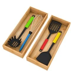 Bamboo Drawer Organizer Storage Box Kitchen - Wood Stackable Tray Utensil Organizer For Office Drawers, Cabinets, Shelves, Pantry, Or Bathroom Counter, Drawer Dividers For Silverware Set Of 2, 15x6x2.5 Inch