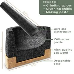 Mortar And Pestle - Mortar And Pestle Set With Anti-Scratch Oak Wood Base - Mortar With Extra Large Pestle Made Of Natural Granite - Large Mortar And Pestle - Ideal For Guacamole -Peugeot Shop 51KY86uliEL