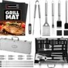23pc Must-Have BBQ Grill Accessories Set With Thermometer In Case - Stainless Steel Barbecue Tool Set With 2 Grill Mats For Backyard Outdoor Camping - Best Grill Gift For On Birthday