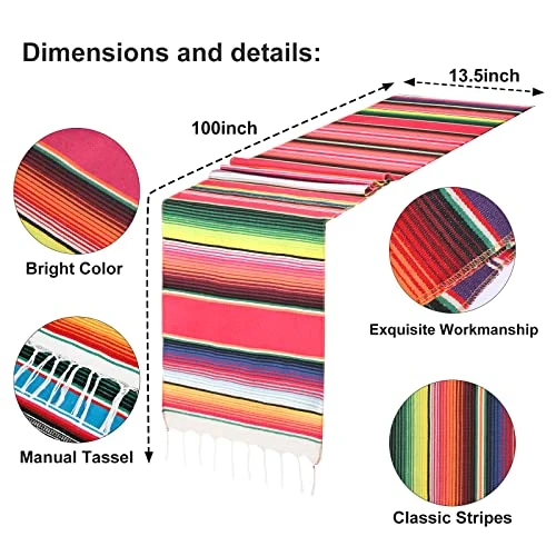 Olicolor 12 Pack Mexican Table Runners 13.5 X 100 Inch 4 Colors Serape Table Runner For Fiesta Mexican Theme Party Wedding Decorations (Pink Purple Red Blue) 2 Olicolor 12 Pack Mexican Table Runners 13.5 X 100 Inch 4 Colors Serape Table Runner For Fiesta Mexican Theme Party Wedding Decorations (Pink Purple Red Blue) - Image 2