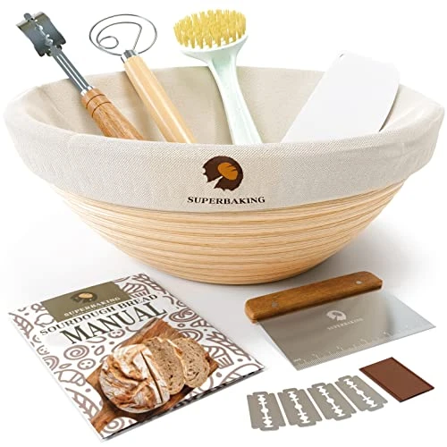 Banneton Bread Proofing Basket Set, Round 9" Banneton Basket Sourdough Bread Baking Supplies, Sourdough Proofing Basket For Bread Making Tools Supplies, Artisan Bread Kit, Gifts For Bakers 1 Banneton Bread Proofing Basket Set, Round 9" Banneton Basket Sourdough Bread Baking Supplies, Sourdough Proofing Basket For Bread Making Tools Supplies, Artisan Bread Kit, Gifts For Bakers