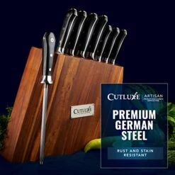 UTLUXE 8pcs Knife Block Set – Razor Sharp Knives With Full Tang Design – Forged Of High Carbon German Steel – Natural Acacia Wood Block – Artisan Series -Peugeot Shop 51Kr84kVIpL