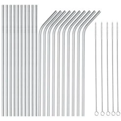 Wholesale 25 Piece Set Stainless Steel Straws Long 8.5 Inch Drinking Metal Straws Reusable Drinking Straws For 20 OZ (10 Straight | 10 Bent | 5 Brushes)