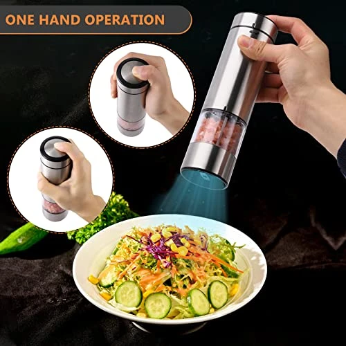 Electric Salt And Pepper Grinder Battery Operated| Stainless Steel Auto Pepper Mill Grinder Refillable| One Hand Operation| LED Light| Adjustable Coarseness| 1 Pack 2 Electric Salt And Pepper Grinder Battery Operated| Stainless Steel Auto Pepper Mill Grinder Refillable| One Hand Operation| LED Light| Adjustable Coarseness| 1 Pack - Image 2