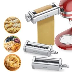 Pasta Attachment For KitchenAid Stand Mixer, 3 Piece Pasta Rollar & Cutter Set Included Pasta Sheet Roller, Spaghetti And Fettuccine Cutter, Stainless Steel Kitchenaid Pasta Attachment