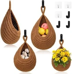 Hanging Fruit Baskets For Kitchen - 3 Pack Boho Wall Hanging Basket With 6 Pcs Strong Hooks, Handwoven Hanging Holder Teardrop Home Produce Basket For Fruits Vegetable Potato Onion Storage (White) 12 Hanging Fruit Baskets For Kitchen - 3 Pack Boho Wall Hanging Basket With 6 Pcs Strong Hooks, Handwoven Hanging Holder Teardrop Home Produce Basket For Fruits Vegetable Potato Onion Storage (White) -Peugeot Shop 51L4aFU 3rL. AC