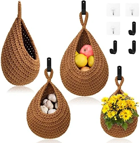 Hanging Fruit Baskets For Kitchen - 3 Pack Boho Wall Hanging Basket With 6 Pcs Strong Hooks, Handwoven Hanging Holder Teardrop Home Produce Basket For Fruits Vegetable Potato Onion Storage (White) 6 Hanging Fruit Baskets For Kitchen - 3 Pack Boho Wall Hanging Basket With 6 Pcs Strong Hooks, Handwoven Hanging Holder Teardrop Home Produce Basket For Fruits Vegetable Potato Onion Storage (White) - Image 6