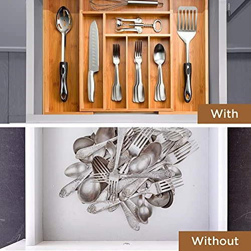 Expandable Bamboo Silverware Organizer - Kitchen Drawer Organizer, Utensil Holder - Drawer Organization And Storage In Kitchen, Bathroom Or Bedroom, 17” Long, Adjustable From 13” - 22.2” Wide, 2” Deep 4 Expandable Bamboo Silverware Organizer - Kitchen Drawer Organizer, Utensil Holder - Drawer Organization And Storage In Kitchen, Bathroom Or Bedroom, 17” Long, Adjustable From 13” - 22.2” Wide, 2” Deep - Image 4