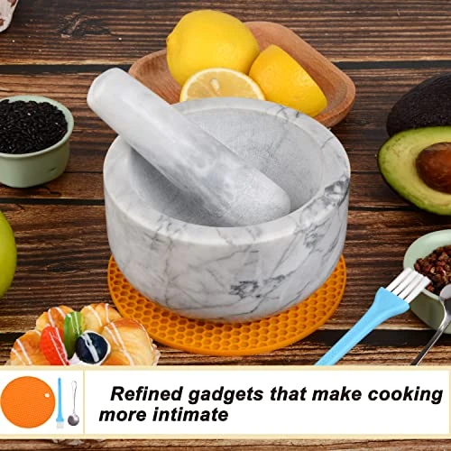 Mortar And Pestle Set Polished Natural Marble Stone Guacamole Molcajete Bowl With Base Silicone Pad,Matching Stainless Spoon And Matching Small Brush (Large, White Gray) 2 Mortar And Pestle Set Polished Natural Marble Stone Guacamole Molcajete Bowl With Base Silicone Pad,Matching Stainless Spoon And Matching Small Brush (Large, White Gray) - Image 2