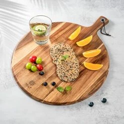 Wood Pizza Peel 16 Inch,16" Acacia Wood Round Cutting Board With Handle Pizza Board For Kitchen Charcuterie Decorative Board