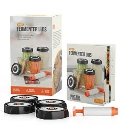 Fermentation Lids - Home Fermentation Kit With 4 Wide Mouth Fermenting Lids With Airlocks, Oxygen Extraction Pump, Ideal For Sauerkraut, Kimchi, Pickles & Fermented Vegetables