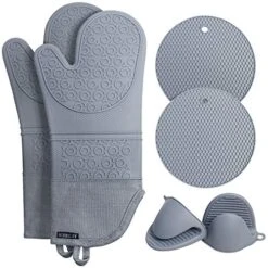 Rorecay Extra Long Oven Mitts And Pot Holders Sets: Heat Resistant Silicone Oven Mittens With Mini Oven Gloves And Hot Pads Potholders For Kitchen Baking Cooking, Quilted Liner, Gray, Pack Of 6