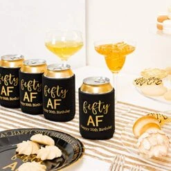 Fifty Can Cooler, 50th Birthday Decorations Beer Sleeve Party Favor, Can Covers With Insulated Covers, 12-Ounce Neoprene Coolers For Soda, Beer, Can Beverage, 12 Black Gold -Peugeot Shop 51MO1yNV8iL