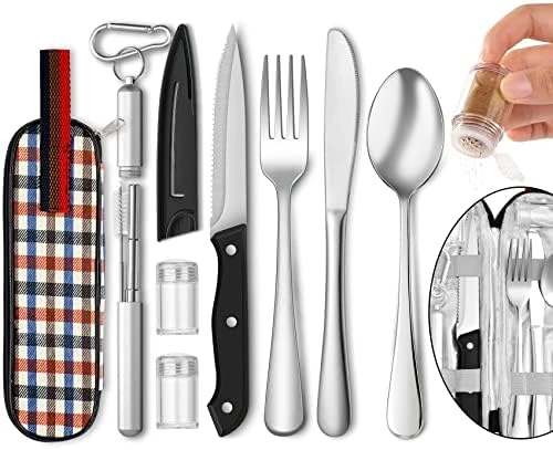 Portable Travel Utensils Set, Travel Camping Cutlery Set, Reusable Stainless Steel Flatware Set With Case For Office School Picnic (Black) 7 Portable Travel Utensils Set, Travel Camping Cutlery Set, Reusable Stainless Steel Flatware Set With Case For Office School Picnic (Black) - Image 7