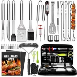 34Pcs Grill Accessories Grilling Gifts For Men, 16 Inches Heavy Duty BBQ Accessories, Stainless Steel Grill Tools With Thermometer, Grill Mats For Backyard, BBQ Gifts Set For Men Women