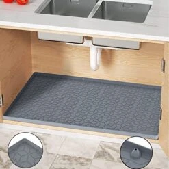 Under Sink Mat For Kitchen, 34"x22" Silicone Waterproof Under Sink Shelf Liner, Flexible Sink Cabinet Organizer Tray, Hold Up To 3.3 Gallons Liquid, Sink Protector Tray With Drain Hole Easy To Clean