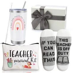 Est Teacher Appreciation Gifts,20 OZ Insulated Tumbler For Women Teacher Gifts,Unique Gifts Ideas For Students - Funny Socks Thank You Basket Box For New Teachers,Personalized Teachers Day Gifts