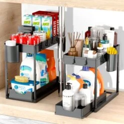 EPSY Adjustable Height Under Sink Organizers And Storage 2 Pack - Sliding Drawers Under The Sink Cabinet Organizer - 2 Tier Under Kitchen Bathroom Sink Organizers And Storage - 2 Cups And 4 Hooks