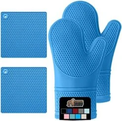 Heat And Slip Resistant Silicone Oven Mitt And Trivets Set, Waterproof, Cotton Lined Gloves, BPA-Free, Long Cooking Mitts And Trivet Mats, Kitchen Potholder Sets For Pans, 4 Pieces, Black -Peugeot Shop 51MnMJz0GdL. AC
