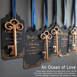 FOXMOKO 25 Rose Gold Key Bottle Opener Wedding Favor & Deep Dark Blue (Close To Black Color) Rose Gold Foil Tag (Blue Ribbon). Unassembled