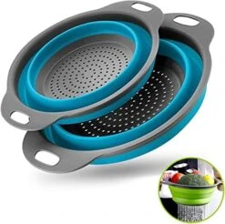Collapsible Colander Set Of 2 Round Silicone Kitchen Sink Strainer Set And Fruit Basket- 1 Large 1 Small Perfect For Draining Pasta, Vegetable And Fruit - Home Essentials (Blue) -Peugeot Shop 51MxSwAG4 L. AC