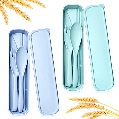Reusable Portable Travel Utensils Silverware Forks Spoons Knives & Chopsticks, Set Of 3 For Camping Wheat Straw Plastic With Storage Case (Beige/Blue/Green) 7 Reusable Portable Travel Utensils Silverware Forks Spoons Knives & Chopsticks, Set Of 3 For Camping Wheat Straw Plastic With Storage Case (Beige/Blue/Green) - Image 7