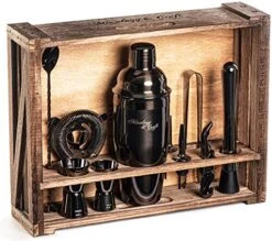 Bartender Kit: 11-Piece Bar Tool Set With Rustic Wood Stand | Perfect Home Bartending Kit And Cocktail Shaker Set For A True Drink Mixing Experience | Fun Housewarming Gift Idea (Gun-Metal)