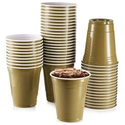 50 Pack - 16 Oz Disposable Gold Plastic Cups Big Party Cup Perfect For Birthday Party's Tableware