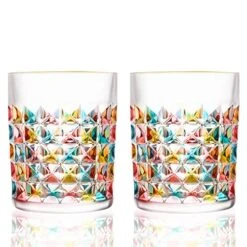 Whiskey Glasses Set Of 2, 10oz Colorful Old Fashioned Glasses, Crystal Glassware For Bourbon Scotch Cocktail Rum Vodka Liquor