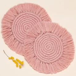 Macrame Coasters Woven Boho Handmade Absorbent Placemats, For Desk Table Kitchen Dining Room Drink Picnic Housewarming Home Decor Rattan Wicker Bamboo (Dusty Pink (Set Of 2))