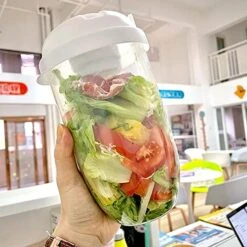 Keep Fit Salad Meal Shaker Cup, 33.8 Oz Fresh Salad Cup With Fork And Salad Dressing Holder, Fresh Salad To Go Container Set Portable Fruit And Vegetable Salad Cups Container- Eat Healthy (Pink+Green) -Peugeot Shop 51OKcW8DhxL