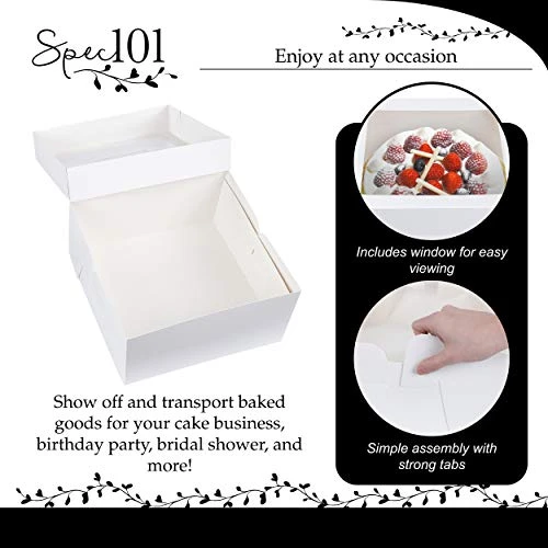 SpecialT | Cake Boxes With Window 25pk 12x12x6 Inch White Bakery Boxes, Disposable Cake Containers, Dessert Boxes 1 SpecialT | Cake Boxes With Window 25pk 12x12x6 Inch White Bakery Boxes, Disposable Cake Containers, Dessert Boxes