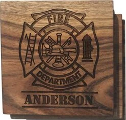 Onalized Firefighter Coasters, Firefighter Maltese Cross Coasters - Gift For Firefighter, Promotion Or Retirement Gift - Engraved Acacia Coaster, Firefighter Decor - Firefighter Gifts (Set Of 4)