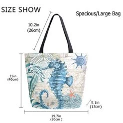 ZzWwR Vintage Nautical Seahorse Starfish Old Map Print Extra Large Canvas Shoulder Tote Top Storage Handle Bag For Gym Beach Weekender Travel Reusable Grocery Shopping