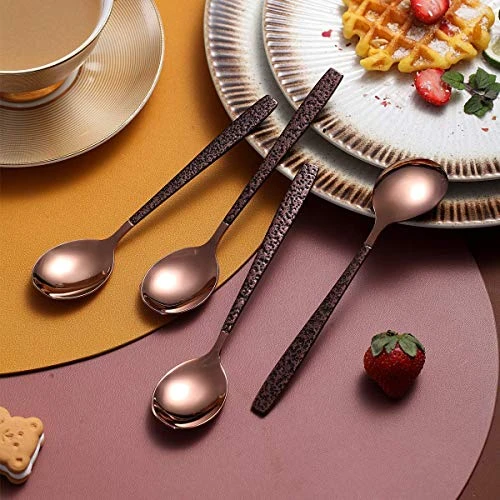 Tea Spoon Set Of 4 With Moon Surface Handle And Shiny Rose Gold Head, Stainless Steel Teaspoons Tea Spoons Copper Silverware Set Small Spoons Coffee Spoons 1 Tea Spoon Set Of 4 With Moon Surface Handle And Shiny Rose Gold Head, Stainless Steel Teaspoons Tea Spoons Copper Silverware Set Small Spoons Coffee Spoons