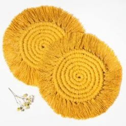 Macrame Coasters Woven Boho Handmade Absorbent Placemats, For Desk Table Kitchen Dining Room Drink Picnic Housewarming Home Decor Rattan Wicker Bamboo (Mustard (Set Of 2)) -Peugeot Shop 51PJ Mm6WvL. AC 1