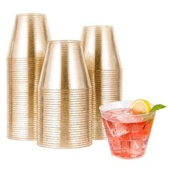 100pcs 9OZ Gold Plastic Cups,Disposable Gold Glitter Plastic Cups,Clear Plastic Tumblers,Wedding Thanksgiving, Christmas Party Cups