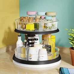 2-Tier Lazy Susan Turntable And Height Adjustable Cabinet Organizer With 1x Large Bin And 3 X Divided Bins, Removable, Clear Spice Rack Organizer For Cabinet, Pantry, Kitchen (2 Tier W/Bins) -Peugeot Shop 51PPwvJNoFL