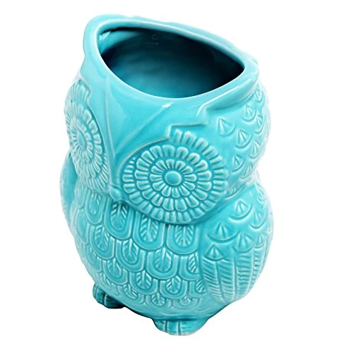 Aqua Blue Owl Shaped Ceramic Kitchen Crock Utensil Holder, 8 Inch Multipurpose Storage Jar Vase Canister, Art Brush Holder 5 Aqua Blue Owl Shaped Ceramic Kitchen Crock Utensil Holder, 8 Inch Multipurpose Storage Jar Vase Canister, Art Brush Holder - Image 5