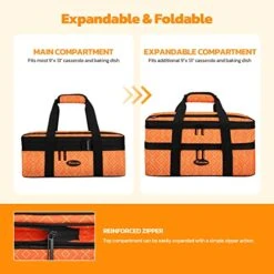 Insulated Casserole Carrier For Hot Or Cold Food,Expandable Lasagna Lugger Tote,Collapsible Leakproof Large Food Buds,Portable Tote For Party,Picnic,Camping,Vibrant Orange
