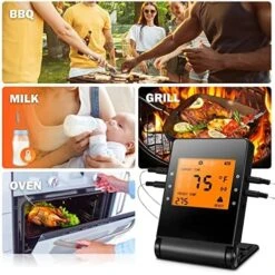 Wireless Remote Bluetooth Meat, Smart BBQ Grill Thermometer With Bluetooth Instant Read APP, Large LCD Backlight Screen, Cooking Frying Smoker Food Meat Kitchen Thermometer Clock Timer With 4 Probes -Peugeot Shop 51Pay4SOWiL