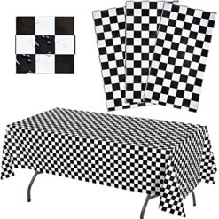 Black Checkered Tablecloth Plastic | 3 Pcs Pack - 54” Wide X 108” Long | Black And White Checkered Disposable Table Cover | Checkered Flag Tablecloth | Retro, Diner, Racing Party Décor