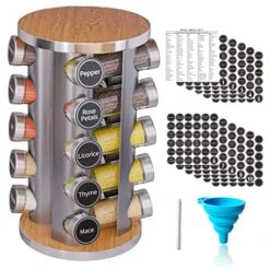 New England Stories Revolving Spice Rack Set With 20 Spice Jars, Kitchen Spice Tower Organizer For Countertop Or Cabinet - Carousel Storage Includes 386 Spice Labels