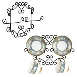 MyGift Set Of 2 Wall Mounted Plate Display Rack For Tea Cup And Saucer With Vintage Black Metal Decorative Scrollwork Design