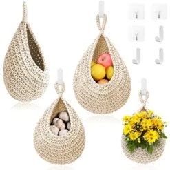 Hanging Fruit Baskets For Kitchen - 3 Pack Boho Wall Hanging Basket With 6 Pcs Strong Hooks, Handwoven Hanging Holder Teardrop Home Produce Basket For Fruits Vegetable Potato Onion Storage (White)