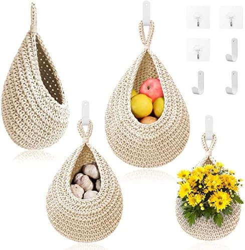 Hanging Fruit Baskets For Kitchen - 3 Pack Boho Wall Hanging Basket With 6 Pcs Strong Hooks, Handwoven Hanging Holder Teardrop Home Produce Basket For Fruits Vegetable Potato Onion Storage (White) 7 Hanging Fruit Baskets For Kitchen - 3 Pack Boho Wall Hanging Basket With 6 Pcs Strong Hooks, Handwoven Hanging Holder Teardrop Home Produce Basket For Fruits Vegetable Potato Onion Storage (White) - Image 7