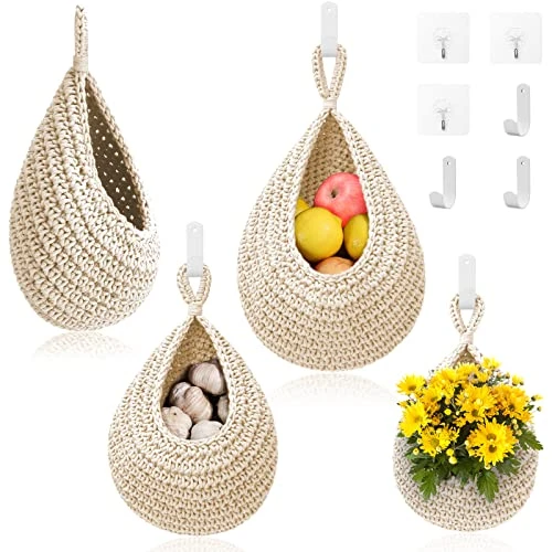 Hanging Fruit Baskets For Kitchen - 3 Pack Boho Wall Hanging Basket With 6 Pcs Strong Hooks, Handwoven Hanging Holder Teardrop Home Produce Basket For Fruits Vegetable Potato Onion Storage (White) 1 Hanging Fruit Baskets For Kitchen - 3 Pack Boho Wall Hanging Basket With 6 Pcs Strong Hooks, Handwoven Hanging Holder Teardrop Home Produce Basket For Fruits Vegetable Potato Onion Storage (White)