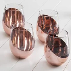 Modern Copper Accent Stemless Wine Glass Set, Red Wine Glasses Set Of 4